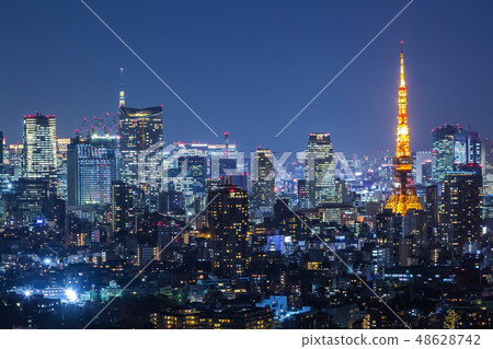 東京鐵塔和六本木/赤坂方向夜視圖。高層建築，城市，夜晚，建築，首都城市形象 48628742