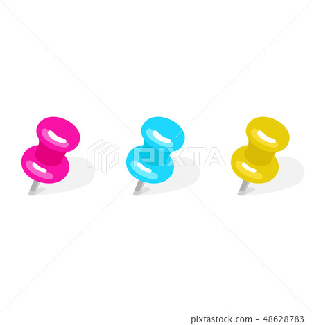 桃紅色，藍色和黃色三個圖釘的例證。 48628783