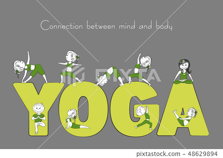 Yoga word and smile people in various yoga poses 48629894