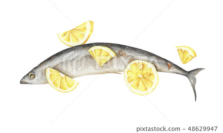 Grilled fish with lemon. Watercolor Grilled fish with lemon. Watercolor 48629947
