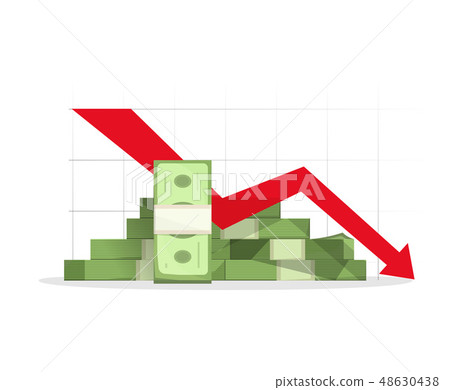 Pile of cash red recession graph with downward arrow Pile of cash red recession graph with downward arrow 48630438