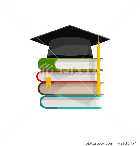 Graduation cap on pile of books stacked 48630454