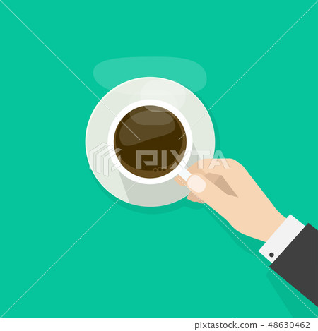 Hand holding hot coffee cup with steam on plate Hand holding hot coffee cup with steam on plate 48630462