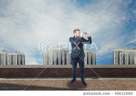 A businessman looking with spyglass for best deal. 3d render elements in collage 48632660