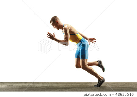 Young caucasian man running or jogging isolated on white studio background. 48633516