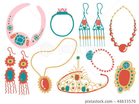 Collection of Jewelry Accessories, Necklace, Earrings, Pendant, Tiara Vector Illustration 48633570