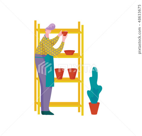 Male Ceramists Working at Pottery Workshop, Man Placing Crockery on Shelves, Craft Hobby or Male Ceramists Working at Pottery Workshop, Man Placing Crockery on Shelves, Craft Hobby or 48633675
