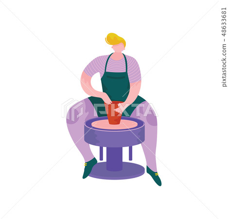 Male Ceramists Making Ceramic Pot on Wheel at Pottery Workshop, Craft Hobby or Profession Vector 48633681