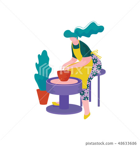 Young Woman Ceramists Making Ceramic Pot on Wheel at Pottery Workshop, Craft Hobby or Profession Young Woman Ceramists Making Ceramic Pot on Wheel at Pottery Workshop, Craft Hobby or Profession 48633686