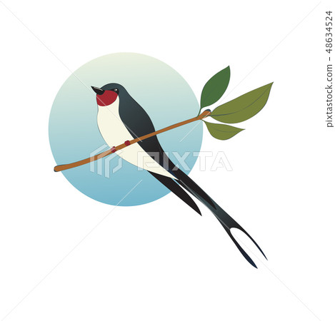 Flat vector icon of martlet sitting on branch with green leaves in circle shape background. Wild Flat vector icon of martlet sitting on branch with green leaves in circle shape background. Wild 48634524