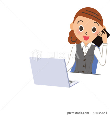 A woman who operates a telephone and a computer A woman who operates a telephone and a computer 48635841