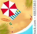 beach, sea, surfboard, umbrella and towel. illustration of beach at seaside resort 48635863