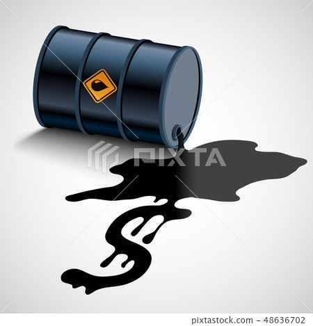 Barrel with fuel. Oil flows into a dollar sign. 48636702