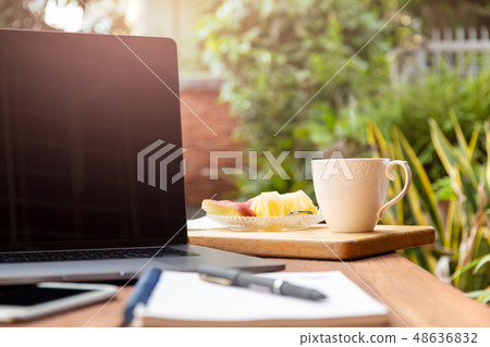 Coffee mug with fresh fruit and laptop on wooden table in the garden. Coffee mug with fresh fruit and laptop on wooden table in the garden. 48636832