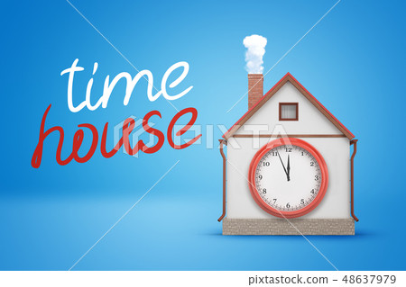 3d rendering of house with smoking chimney and big clock-face on wall and title 'time house' on blue 48637979