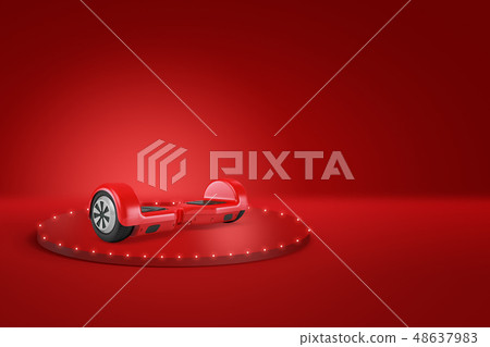 3d rendering of red gyroscooter on a podium on red background 48637983