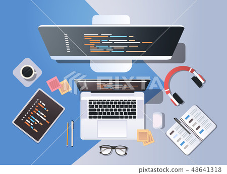 web site design development program coding concept top angle view desktop computer monitor tablet 48641318