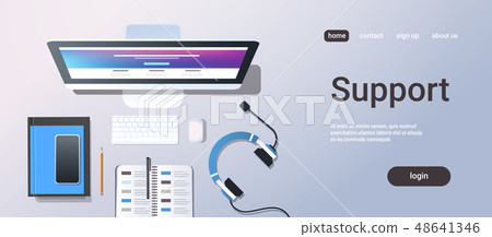call center technician support service consulting concept top angle view desktop computer smartphone 48641346