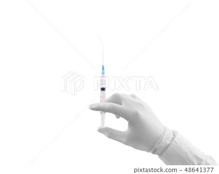 Doctor hand in white glove hold syringe with preparation jet fro 48641377