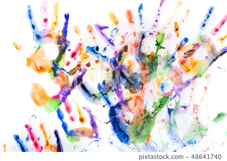 A lot of multicolored hand prints on white A lot of multicolored hand prints on white 48641740