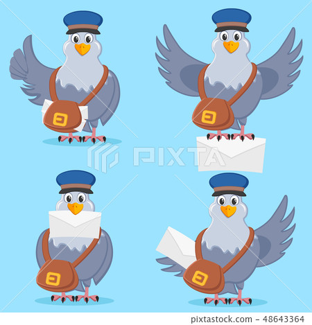 Set of carrier pigeon with bag and letter in 48643364