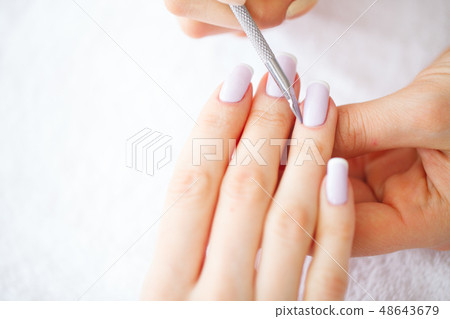 Beauty and Care. Beautiful Women's Hands with Perfect Manicure. A Woman In The Beauty Salon Performs Beauty and Care. Beautiful Women's Hands with Perfect Manicure. A Woman In The Beauty Salon Performs 48643679