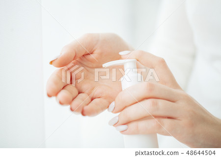Hand Skin Care. Close Up Of Female Hands Holding Cream Tube, Beautiful Woman Hands With Natural Hand Skin Care. Close Up Of Female Hands Holding Cream Tube, Beautiful Woman Hands With Natural 48644504