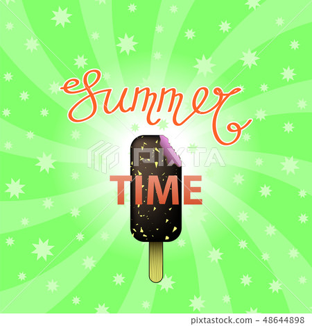 Lettering Summer Time Text with Ice Cream on Green Swirl Starry Backgground. Hand Sketched Summer 48644898