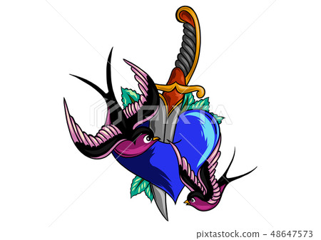 swallows around a heart pierced by a knife 48647573