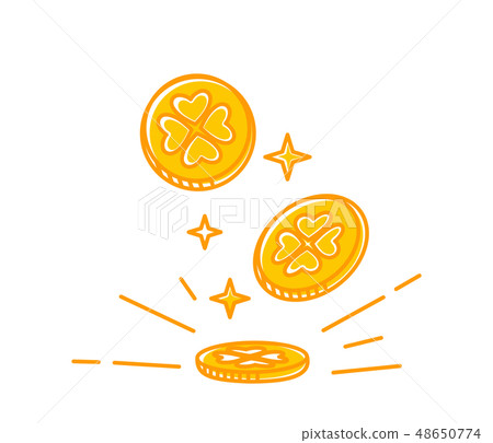 Four-leaf clover gold coins fall to the ground 48650774