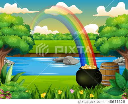 Nature background with cauldron of gold in grass 48651626