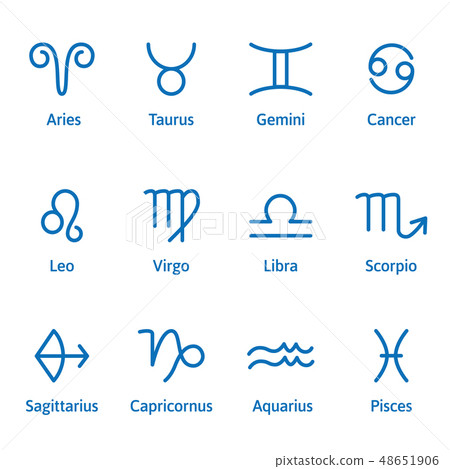 12 Zodiac sign with caption. Outline style. Set of simple icons. Blue on white background vector 12 Zodiac sign with caption. Outline style. Set of simple icons. Blue on white background vector 48651906