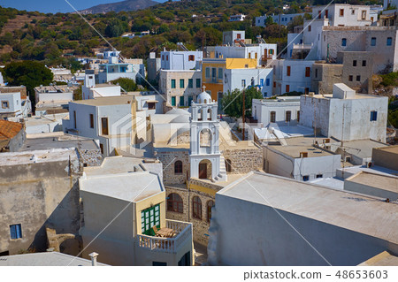 Traditional small houses and churche in Greece island 48653603