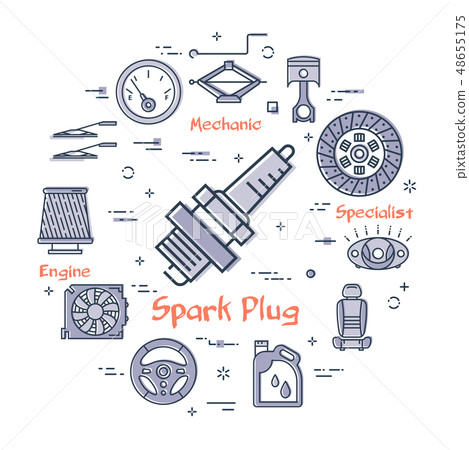 Vector round banner of spark plug - car part 48655175