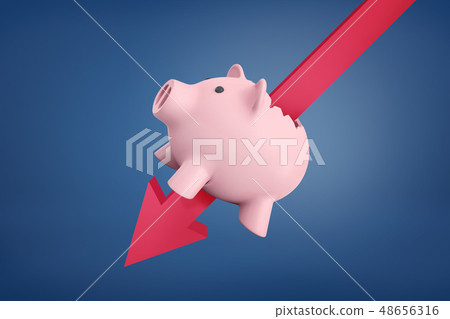 3d rendering of a pink piggy bank struck by a large red arrow completely through. 3d rendering of a pink piggy bank struck by a large red arrow completely through. 48656316