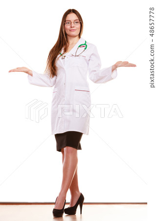 Woman doctor with empty hands palms copyspace. Woman doctor with empty hands palms copyspace. 48657778