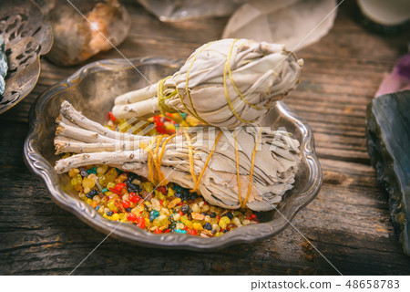 White sage and colorful incense White sage and colorful incense 48658783