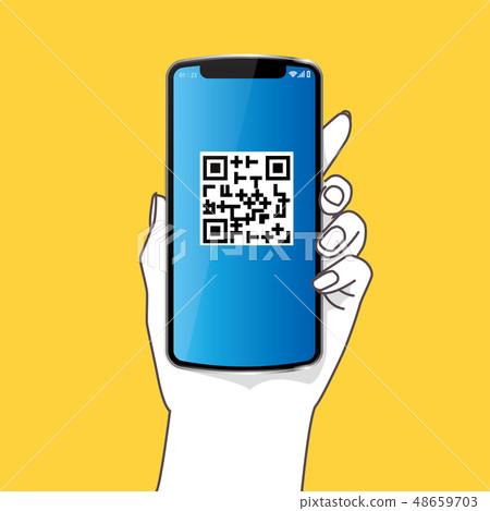 左手與智能（簡單）的圖示|二維碼的圖標·黃色背景|智能手機 48659703