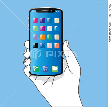 Illustration of the right hand with a smart (simple) | App icon · Blue background | smartphone 48659707