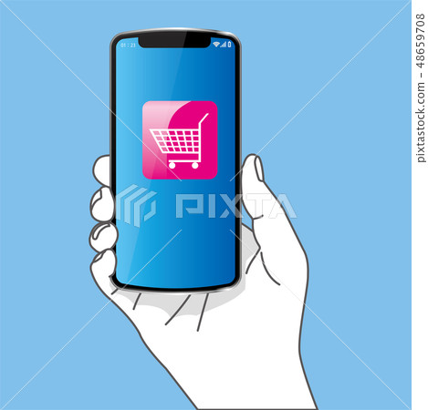 Illustration of the right hand with a smart (simple) | Shopping cart icon · Blue background | smartphone 48659708