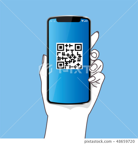 Illustration of the left hand with a smart (simple) | QR code icon · blue background | smartphone Illustration of the left hand with a smart (simple) | QR code icon · blue background | smartphone 48659720