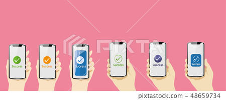 Illustration color of QR code settlement on smartphone | Multiple hands (sideways) Payment complete screen | smartphone 48659734