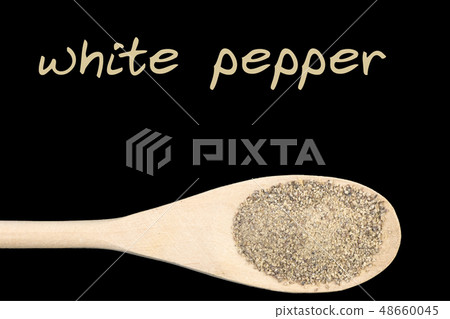 white pepper on wooden spoon isolated on black white pepper on wooden spoon isolated on black 48660045