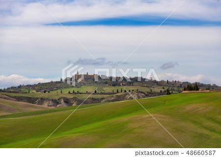 The Val d'Orcia in Tuscany Italy with the medieval 48660587