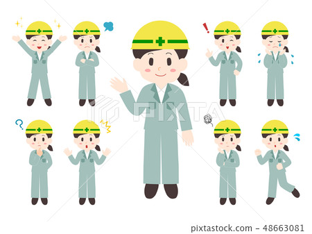 People illustration whole body variation set: female worker helmet 48663081