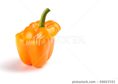 Orange bell pepper cut half on white background. Orange bell pepper cut half on white background. 48663591