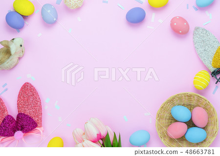 Table top view shot of decorations Happy Easter Table top view shot of decorations Happy Easter 48663781
