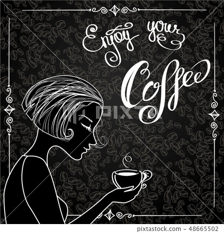 Beautiful female silhouette with a cup of coffee Beautiful female silhouette with a cup of coffee 48665502