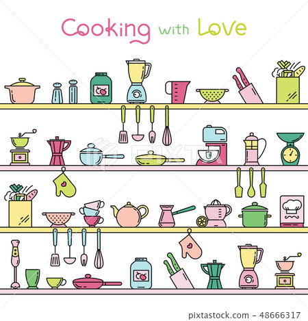 Seamless horizontal pattern with kitchen shelves full of various kitchen items and tools. Seamless horizontal pattern with kitchen shelves full of various kitchen items and tools. 48666317