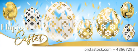 Easter golden eggs and silk ribbon in the sky 48667298